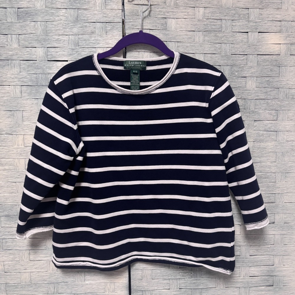 Lauren Ralph Lauren Petite S Navy White Striped 3/4 Sleeve Cotton Nautical Top - Picture 2 of 6
